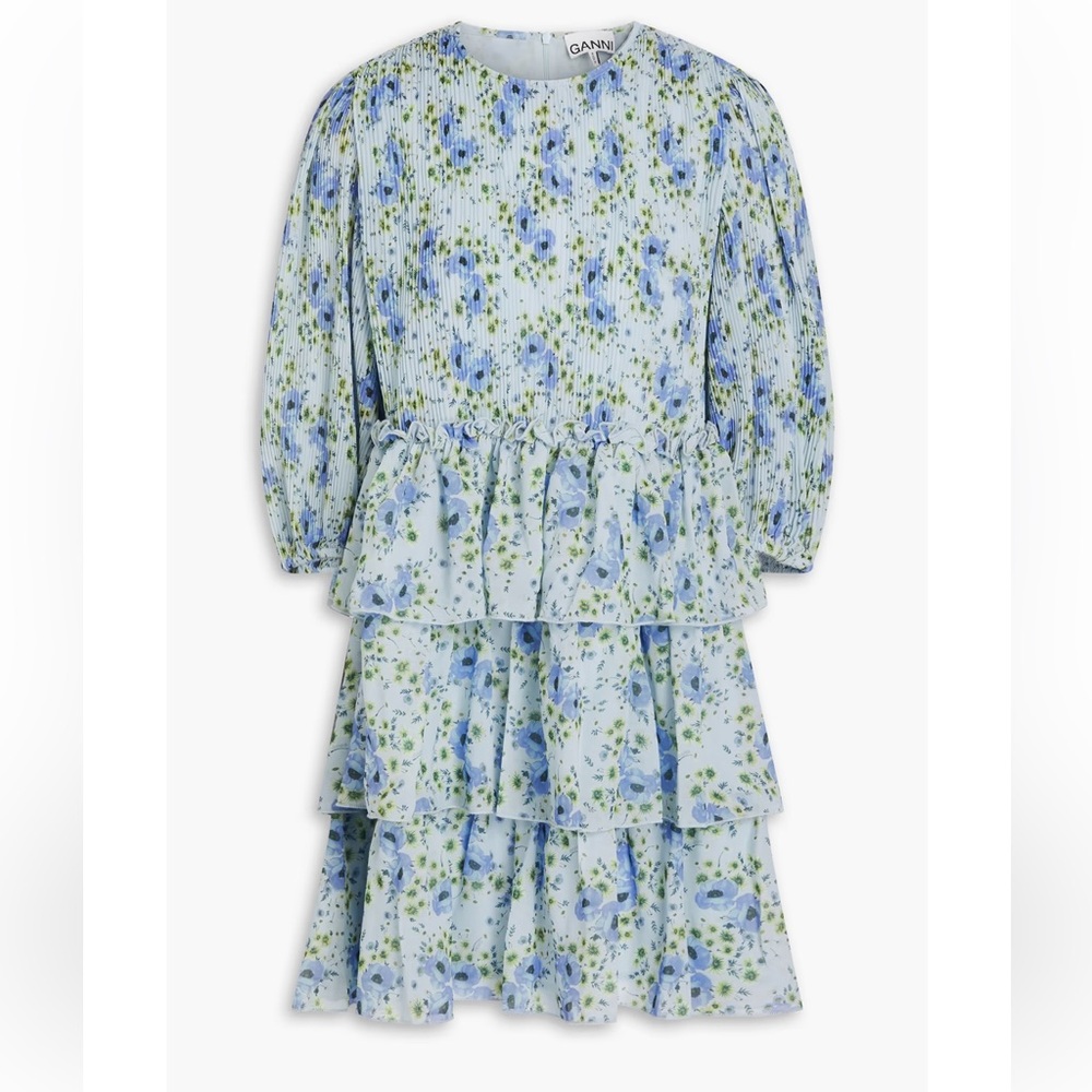 GANNI Tiered floral-print georgette mini dress NWOT